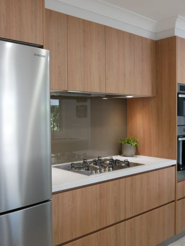 Painted Glass Splashback glass splashback fro kitchen painted brown with wooden cabinets