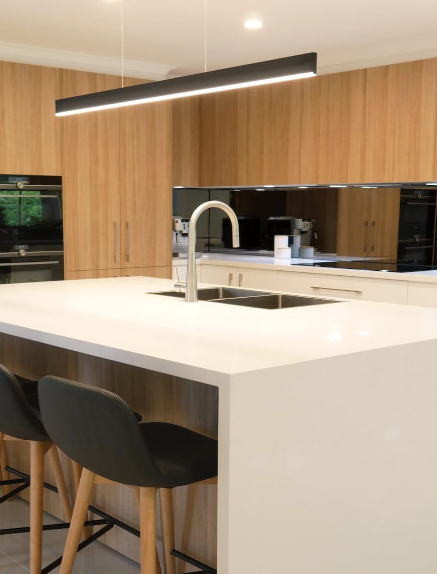 melamine kitchen two tones with white island and melamine kitchen cabinets in timber look finish. 