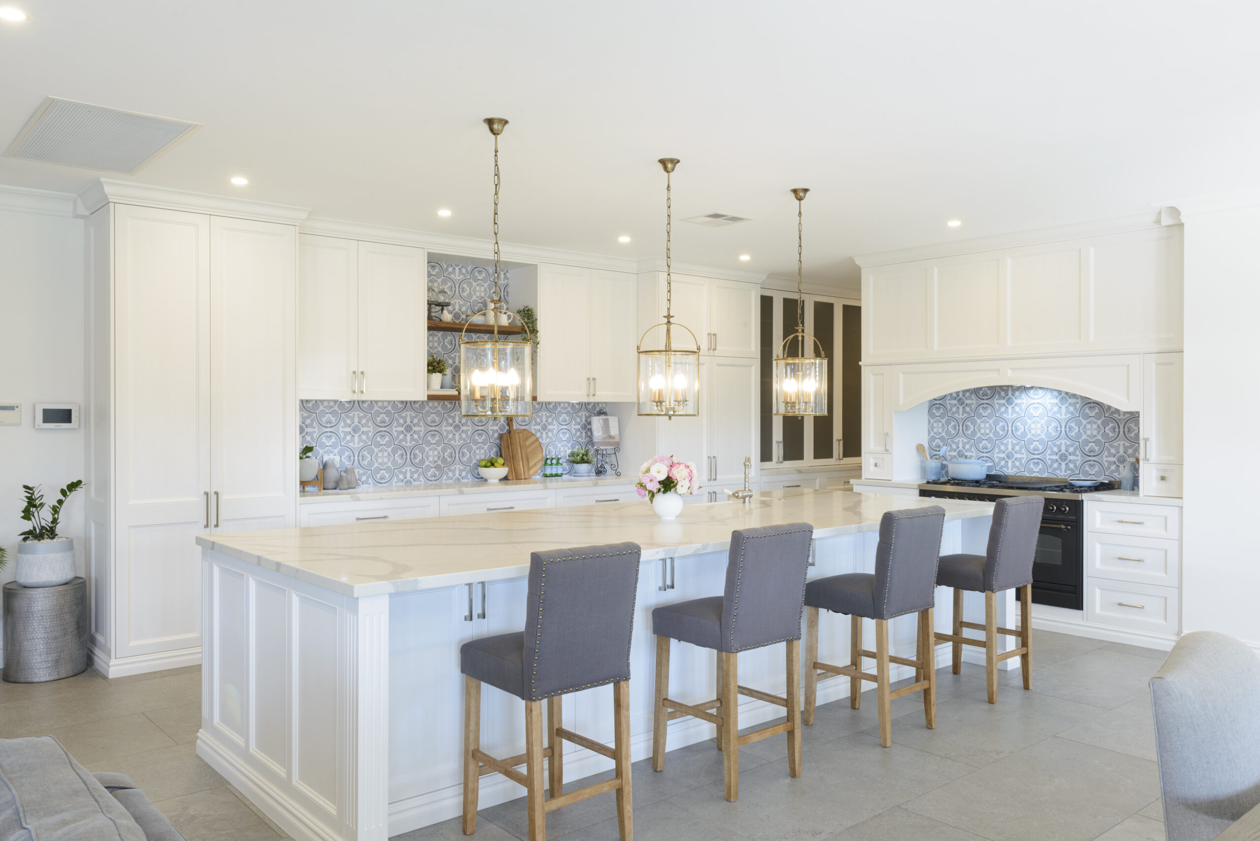 Custom hand painted kitchen cabinets with antique paint finish