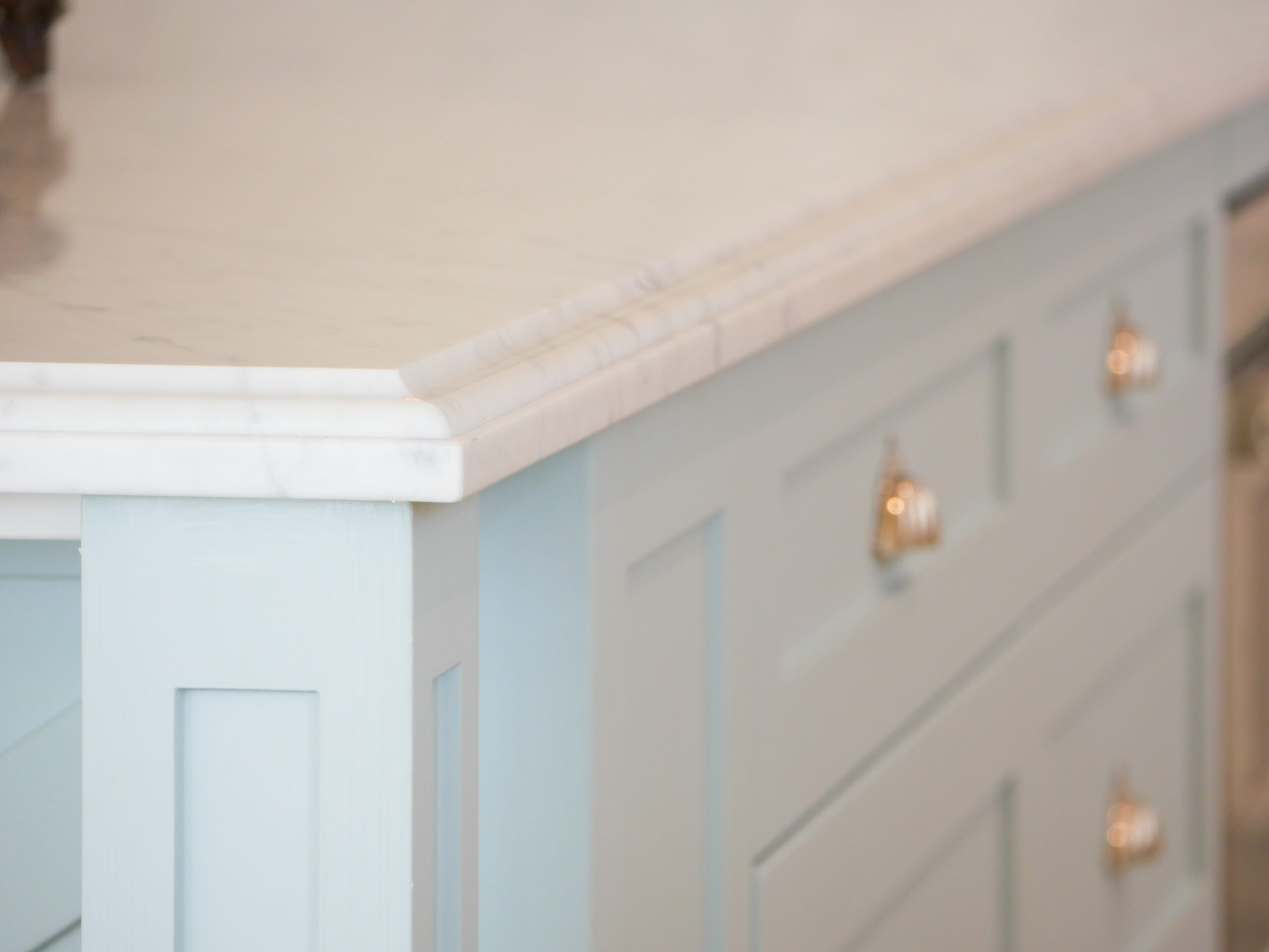 Hamptons style kitchen island with hand painted finish detail. 