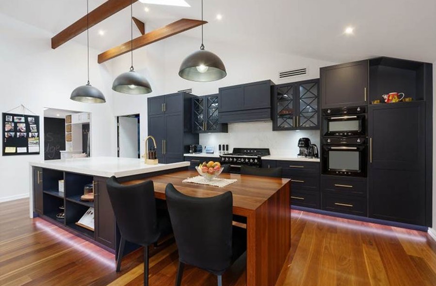 Navy kitchen cabinets Australia featured with timber island 